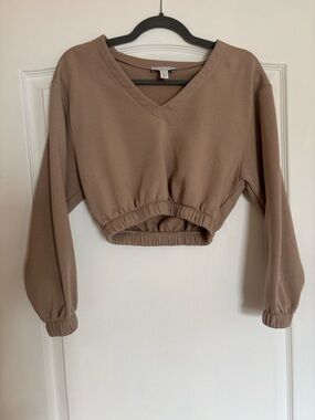 Topshop Taupe V-Neck Cropped Sweatshirt